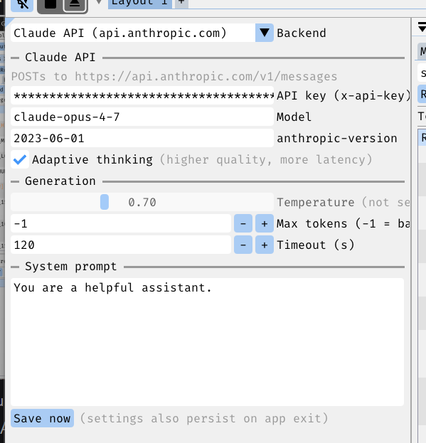 FREE-WILi GUI Claude API configuration panel