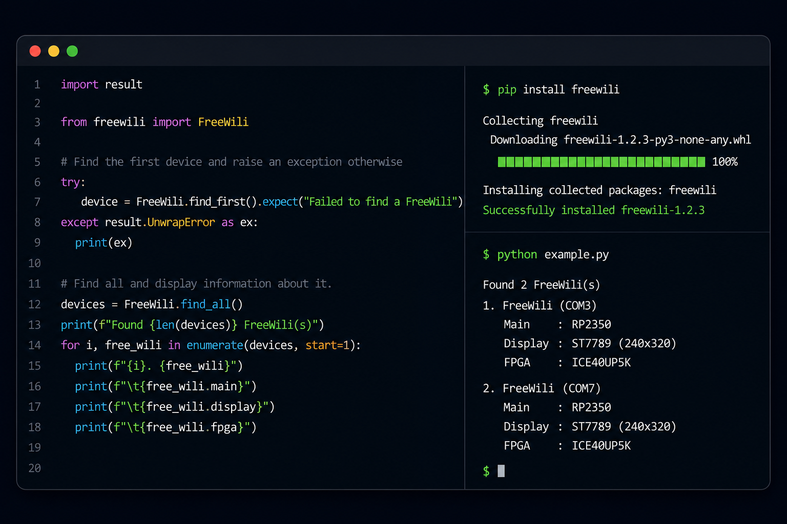 FREE-WILi Python API code example