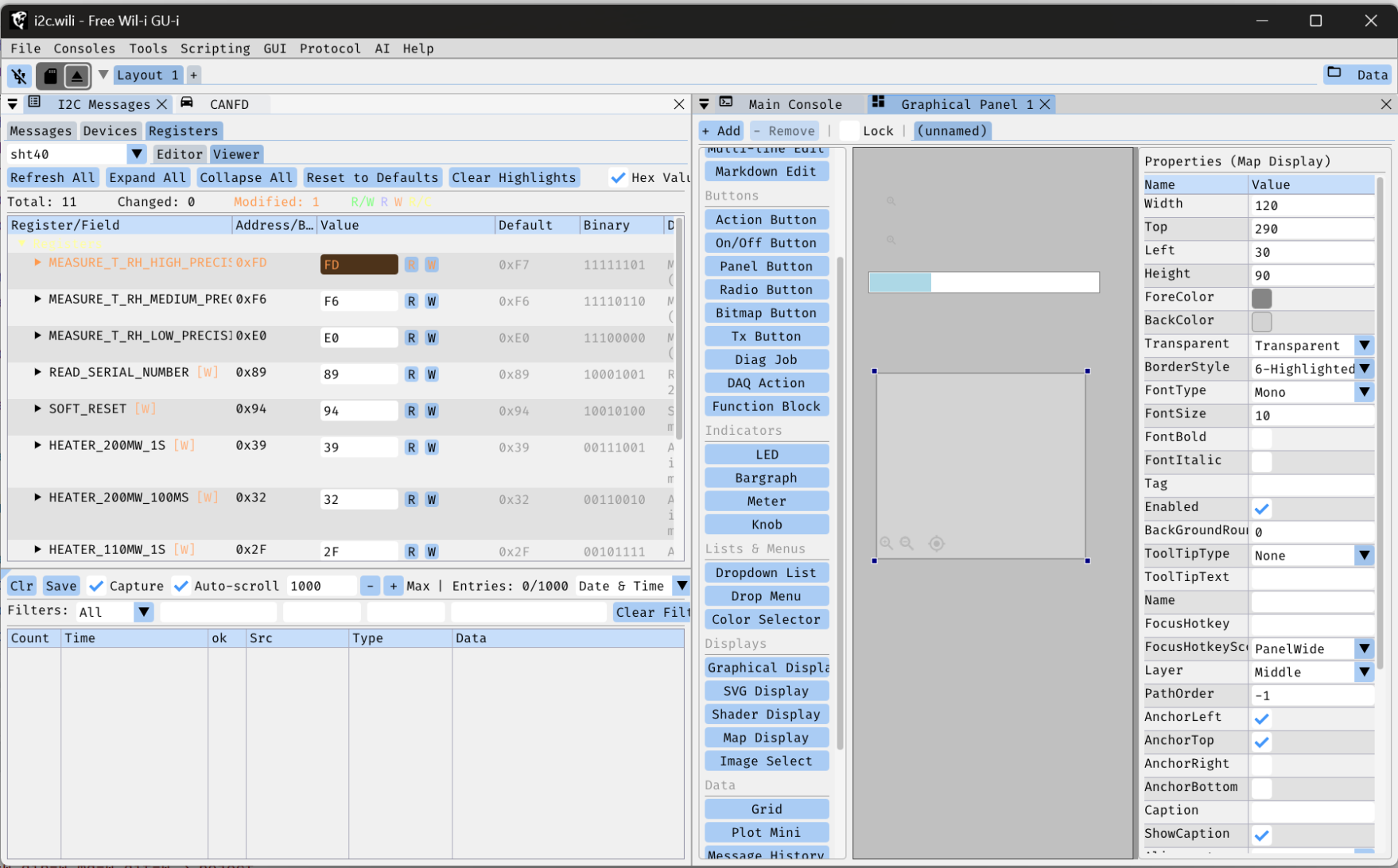 FREE-WILi GUI software showing the I2C panel and graphical editor