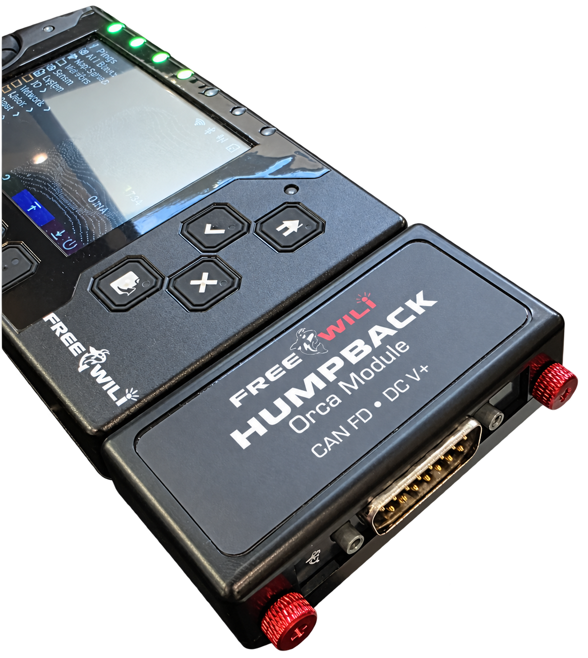 Humpback Orca product mockup attached to a FREE-WILi 2, showing the CAN FD and DC V+ label and male DB-15 connector
