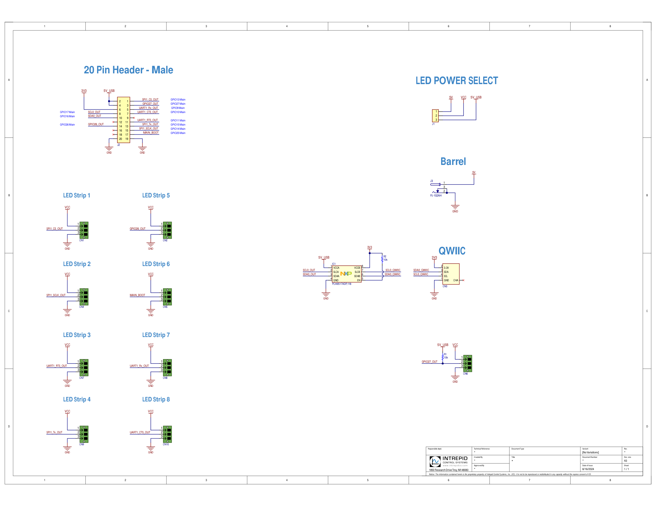 Jambu Serial LED Control Orca V1 schematic showing the 20-pin FREE-WILi header, eight 3-pin LED strip outputs, LED power select jumper, 5V barrel jack, and QWIIC port with PCA9517A I&sup2;C bus repeater