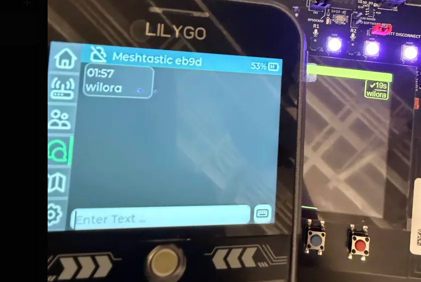 Meshtastic messaging app running on a FREE-WILi device